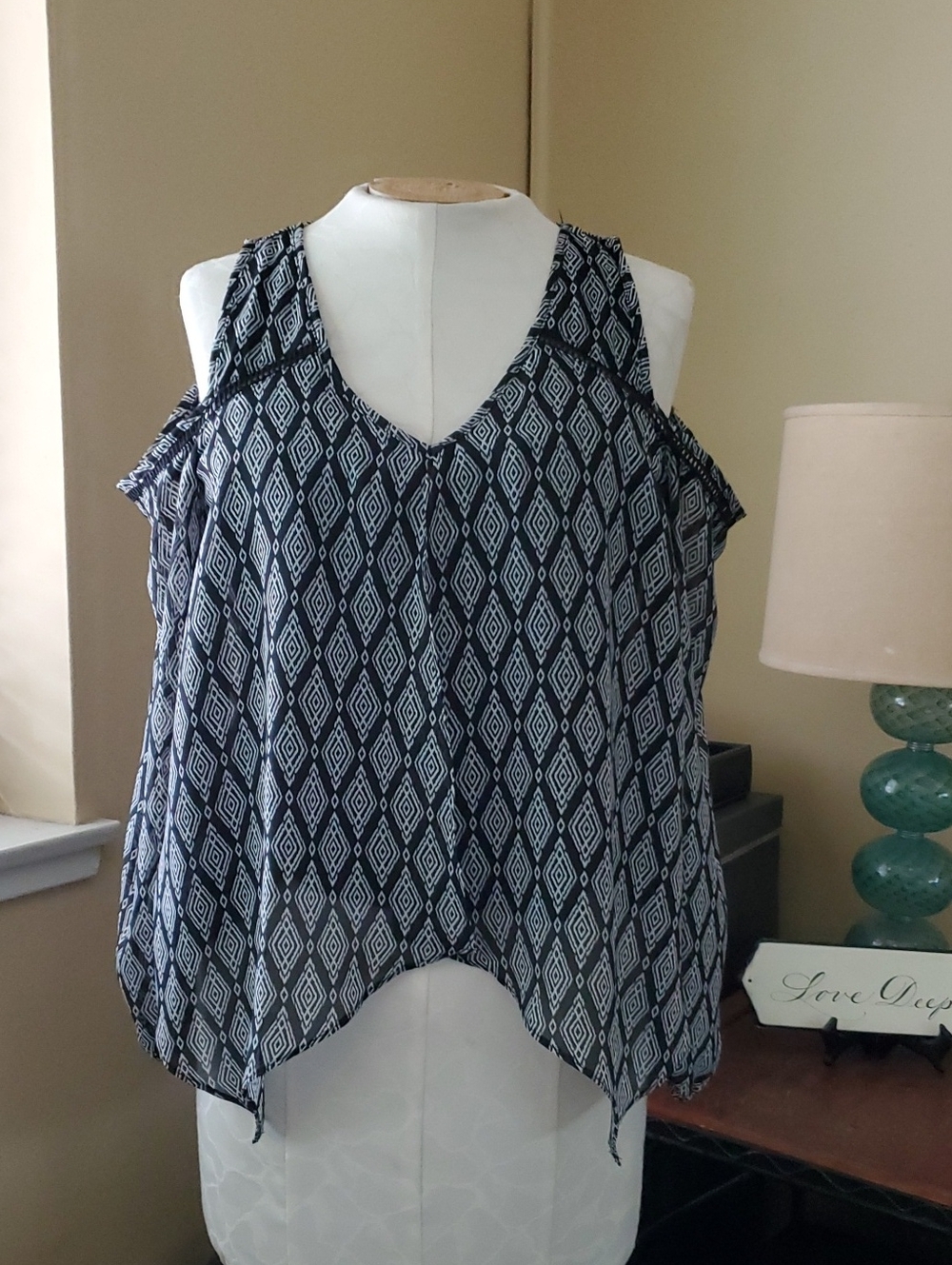 Iz Byer Black & White Geometric Cold-Shoulder Top